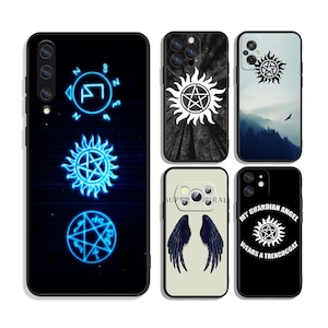 May include: Set of five phone cases featuring different designs inspired by the TV show Supernatural. The designs include the show's symbol, a compass, wings, and the text "My Guardian Angel Wears A Trenchcoat".