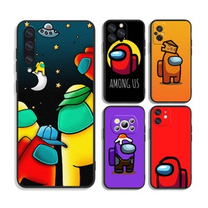 May include: Set of six phone cases featuring different characters from the popular online game Among Us. The cases are black, orange, red, purple, and yellow with various character designs. The text "Among Us" is printed on one of the cases.
