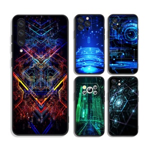 May include: Set of five phone cases with different abstract designs featuring neon blue, green, and red colors. The designs include geometric shapes, lines, and digital patterns.