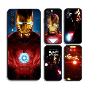 May include: Set of five phone cases featuring different images of Iron Man, a superhero from Marvel Comics. The cases are black with a variety of red, yellow, and blue accents.