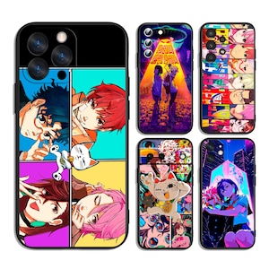 May include: A collection of phone cases featuring colorful anime-style artwork. Designs include characters, a cat, and text. The cases have a black border and are made for various phone models.