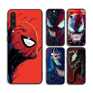May include: Set of five phone cases featuring different superhero characters. The cases are black with a variety of colourful designs. The designs include a red and black Spiderman, a blue and black Venom, and a red and black Venom.