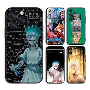 May include: A selection of phone cases with anime-style designs. The cases showcase illustrations of characters with teal hair, lab coats, and other anime-inspired graphics. The cases are in various colours, including black, green, and blue.