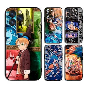 May include: A collection of six phone cases featuring anime-style illustrations. The cases showcase various characters in vibrant colors, with detailed artwork and designs. Some cases have text, and the overall theme is related to anime.