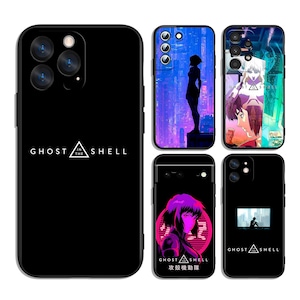 May include: A collection of black phone cases featuring designs from "Ghost in the Shell." The cases display various graphics, including a silhouette, anime-style characters, and the series logo. The cases are designed for different phone models.