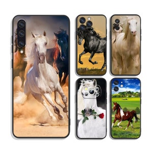 May include: Set of five phone cases featuring different images of horses. The cases are black with a clear window to display the image. The images include a white horse running, a black horse running, a white horse standing, a white horse with a rose in its mouth, and a brown horse running in a field.