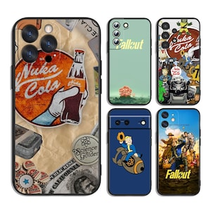 May include: A collection of five smartphone cases featuring Fallout-themed designs. The cases display various graphics including Nuka-Cola branding, the Vault Boy character, a mushroom cloud, and the Fallout logo, all set against a textured background.