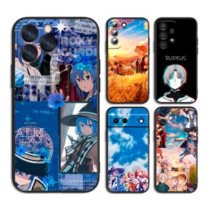 May include: A collection of phone cases featuring anime-style illustrations. Designs include characters with blue hair, landscapes, and text such as "ROXY MIGURDIA" and "RUDEUS". The cases are in various colors, including blue, orange, and black.