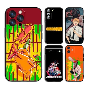 May include: A collection of phone cases featuring colorful anime-style graphics. Designs include characters and the text "Chainsaw Man" in various styles, set against backgrounds of black, orange, and red.
