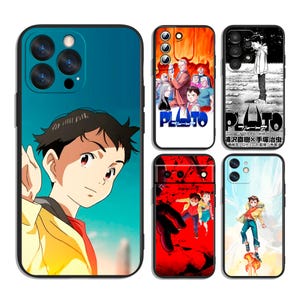 May include: Collection of phone cases featuring anime-style artwork. Designs include a character with a yellow jacket and red shirt, and other cases with the word "PLUTO" and Japanese text. The cases have black borders and various background colors.