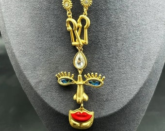 Victorian blue evil eye,  face, nose, lips schiaparelli inspired blue nazar, Turkish Greek Evil  eye protection charm jewelry necklace 24"