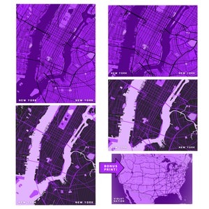 Impresiones de mapas de la Universidad de Nueva York - Violeta y Púrpura / 4 carteles de mapas de la Universidad de Nueva York / Decoración de las carreteras de la ciudad de Nueva York del Bajo Manhattan / Descarga instantánea del mapa de Nueva York