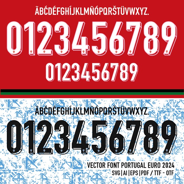 Neue Schriftart Vektor Jersey Portugal EM 2024 Vektormuster / SVG, Ai, Eps, Pdf, *TTF | *OTF / Schneidset | Kit-Shirt Fußball.