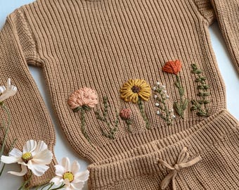 Hand Embroidered Baby Sweater Set: Wildflower or Pumpkin & Sunflower Design