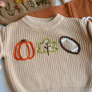 Hand Embroidered Fall Baby Sweater: Pumpkin, Leaf & Football