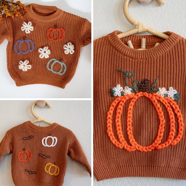 Suéter de bebê bordado à mão de outono: estampa floral e de abóbora