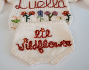 Hand Embroidered Baby Bloomers: Wildflower Knit Outfit