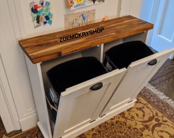 Tilt-out Trash Can Cabinet with Double Trash Bin, Wooden Trash Bin, and Plastic Barrels Included