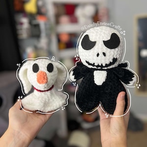 May include: Two crocheted plush toys: Jack Skellington and Zero from The Nightmare Before Christmas. Jack is in a black suit with a white head and Zero is a white dog with an orange nose and red collar. Both are handmade and soft.