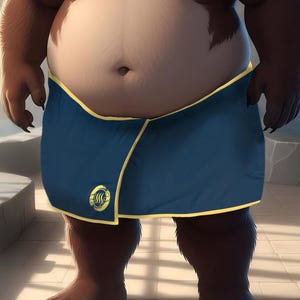 May include: A muscular anthropomorphic bear stands in a Japanese bathhouse, wearing a blue towel with yellow trim. The bear has brown fur and a friendly expression. The background features hot tubs and paper lanterns.