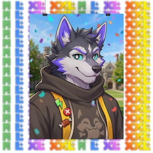 Op de afbeelding: Een antropomorf wolfpersonage met grijze en paarse vacht, gekleed in een donkerbruine hoodie met gele banden. De hoodie heeft een afbeelding van een wolvenkop met een bot en twee pins: een groene bliksemschicht en een rode cirkel met een X.