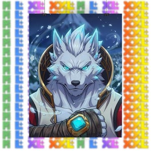 Op de afbeelding: Een digitale illustratie van een wit wolfachtig personage met gloeiende cyaan ogen, gekleed in een kledingstuk met een hoge kraag en een bruine polsband met een grote, vierkante, blauwe edelsteen tegen een donkere bergachtige achtergrond.