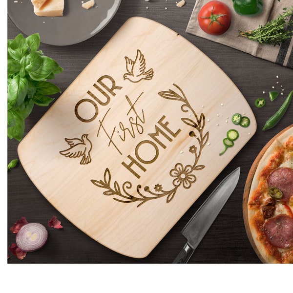 Our First Home Cutting Board, Doves and Flowers Decor, Kitchen Accessory, Best Housewarming Gift, Laser Etched Maple and Walnut Wood Board