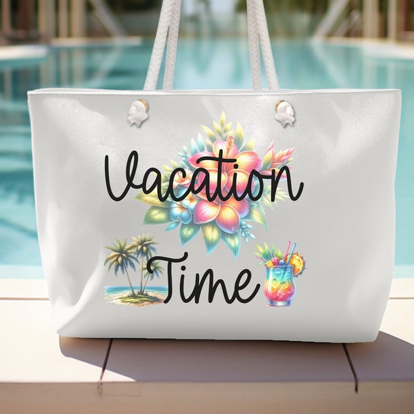 Vacation Time Weekender Bag, Oversized Tropical Weekend Tote, Summer Getaway Vibe Travel Bags, Palm Trees Flowers Drink Weekend Totes
