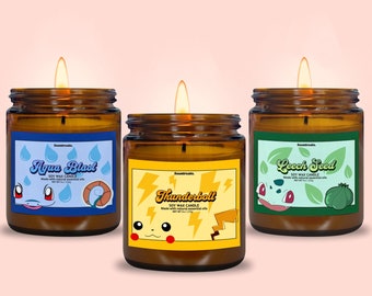 Scented Candle 9oz Pokemon with Characters, Gifts for her, Otaku, Amber Cute Candle Kawaii, Squirtle, Balbasaur, Ash, Eeve