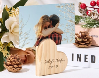 Custom Wood Photo Holder, Personalized Polaroid Frame Stand, Engraved Picture Stand, Instax Mini Frame, Wedding Gift, Wooden Heart Decor