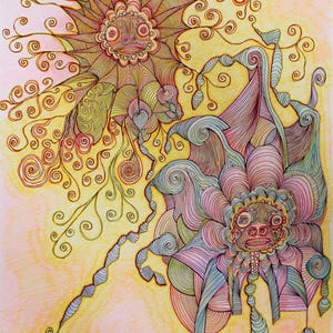 Puede incluir: Una pintura de acuarela de dos flores estilizadas con detalles intrincados. Las flores están dibujadas en tonos de rosa, amarillo, verde y azul. El fondo es un degradado suave de rosa y amarillo.