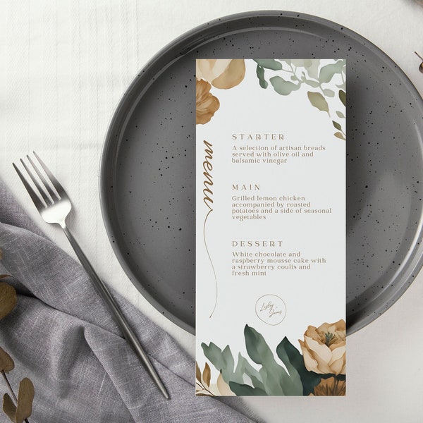 Earth Tone Floral Wedding Menu Template, Printable Rustic Flower Dinner Menu, Customizable Reception Menu, Instant Download, DIY Dinner Menu