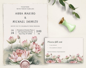 Lotus Wedding Invitation & RSVP Card Template, Printable Watercolor Lotus Invite, Customizable Digital Download, DIY Wedding Stationery Set