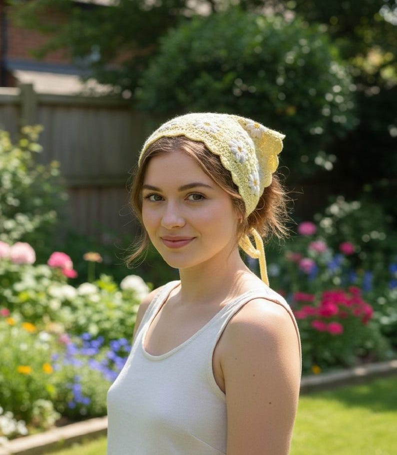 Daisy Bandana Crochet Pattern, mini Granny Square, Bandana Women Girl, Girl Summer accessory, Bandana Easy Crochet, Digital File image 3