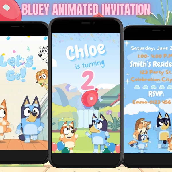 Faire-part d'anniversaire numérique bleu, invitation vidéo bleu, E-invitations animées bleu, anniversaire en ligne Evite, anniversaire chien bleu