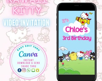 Editable Kawaii Kitty Mobile Invitation,  Kitty Digital Invitation Template, Kawaii Cat Mobile Video Invitation, Cute Kitty Animated Evites