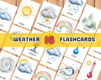 16 Weather Flashcards for Toddler - Homeschool Montessori Flash Cards for Preschool