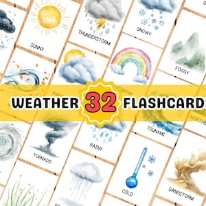 Flashcards de clima para crianças – 32 cartões de aprendizagem Montessori, educação domiciliar e pré-escola, download digital