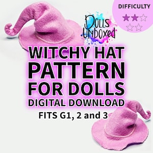May include: A pink witchy hat pattern for dolls. The digital download includes instructions for dolls G1, 2, and 3. The image also includes the text "DOLLS UNBOXED" and a difficulty rating of three out of five stars.