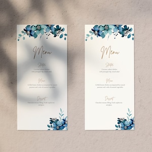 Plantilla de menú de boda. Menú floral azul y dorado para tu boda. Descargue y edite el texto usted mismo.