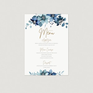 Plantilla de menú de boda. Menú floral azul y dorado para tu boda. Descargue y edite el texto usted mismo.