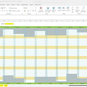 May include: A spreadsheet calendar for the year 2024, with each month displayed in a separate column. The calendar is colour-coded, with different colours representing different days of the week. The calendar is also divided into weeks, with each week starting on a Monday.