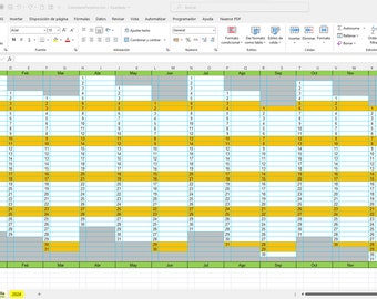 May include: A spreadsheet calendar for the year 2024, with each month displayed in a separate column. The calendar is color-coded, with yellow highlighting weekends and gray highlighting the first and last days of each month.