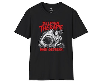 Dolphin therapy graphic tee | Shark and woman illustration T-shirt