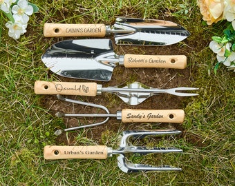 Personalized Garden Tool Set of 5, Custom Engraved Gardening Wooden Handle Silver Cultivator, Garden Gift for Her, Gift for Him, Mom and Dad