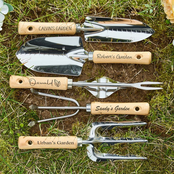 Personalized Garden Tool Set of 5, Custom Engraved Gardening Wooden Handle Silver Cultivator, Garden Gift for Her, Gift for Him, Mom and Dad