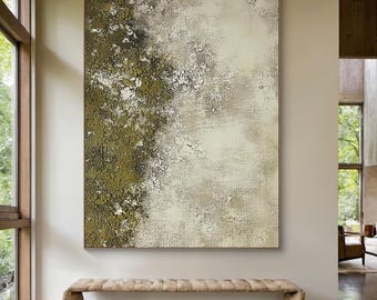 Moss Green Textured Wall Art, Large Oil Painting with Organic Wabi Sabi Artwork for Modern Home Decor