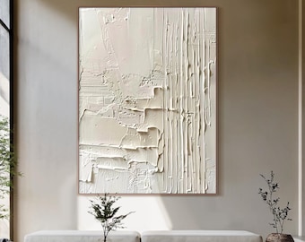 3D Wall Art, Beige Wabi Sabi Abstract Oil Painting Heavy Impasto Canvas, Modern Minimalist Home Decor Gift