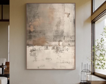 Beige Abstract Painting Textured Wall Art, Wabi-Sabi Earth Tone Canvas, Oversized Above Bed Decor