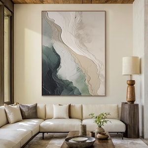 Ocean Textured Wall Art Green Beige Sea Waves Painting 3D Plaster Beach Landscape Large Wabi Sabi Coastal Wall Decor